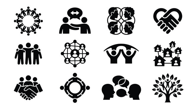 Community support icons diverse group silhouettes representing collaboration connection and social responsibility