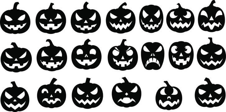 Halloween jack o' lantern silhouettes variety of carved pumpkin faces collection