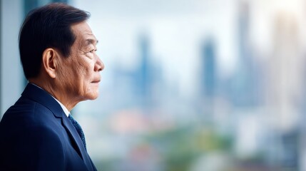 Fototapeta premium Senior Asian male executive in a contemplative pose gazing out of a modern office window with a blurred city skyline in the background.