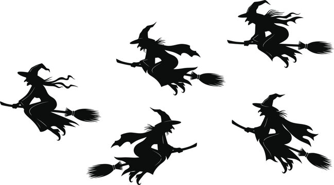 Halloween witch silhouette set flying witches on broomsticks