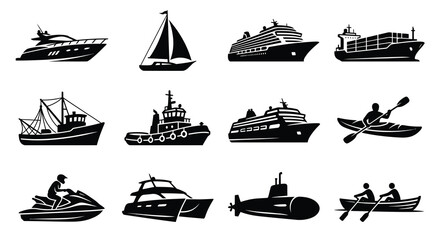 Marine transportation silhouette collection yachts cruise ships fishing boats kayaks and more © MahiAhmed