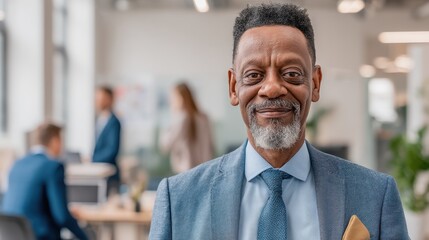 Fototapeta premium Middle-aged Black man financial advisor with a confident smile stands in a modern office with blurred glass background.