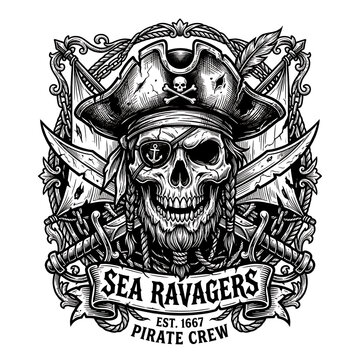 Vintage Pirate Skull Mascot Design with Cutlass and Scroll in Dark Gothic Style