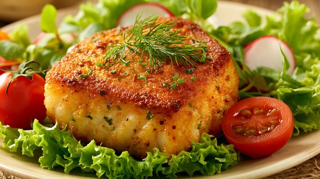 Pan-seared cod fillet with fresh salad and cherry tomatoes