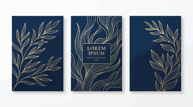 Set of luxury invitation cards with gold botanical line art on dark blue background