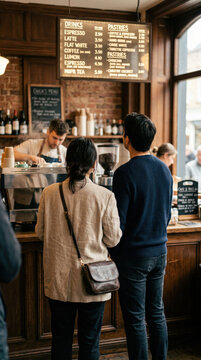 Rear View of Asian Couple at Counter of Vintage Cafe with Blackboard Menu, Woman in Linen Blazer with Leather Bag and Man in Navy Sweater, Barista Working, Cozy Atmospheric Coffee Shop, Vertical
