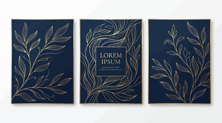 Obraz premium Set of luxury invitation cards with gold botanical and wavy line art on dark blue background