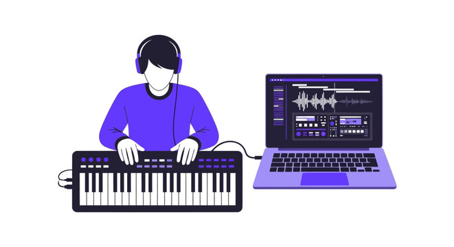 Music Producer Working with MIDI Keyboard and Laptop DAW Software - Modern Vector Illustration for Digital Audio Production