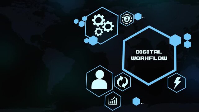 Digital Workflow Management Interface with Automated Processes, Business Connectivity and Technology Icons.