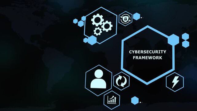 Cybersecurity Framework Visualization with Threat Protection, Risk Management and Secure Network Icons.