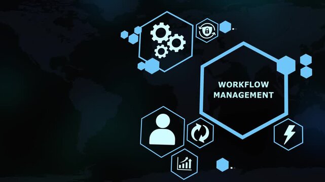 Workflow Management System with Process Automation, Team Coordination and Business Efficiency Technology Icons.