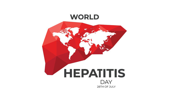 A stylized red liver graphic featuring an intricate white world map silhouette created with modern geometric polygons to commemorate the global awareness event dedicated to fighting hepatitis day.