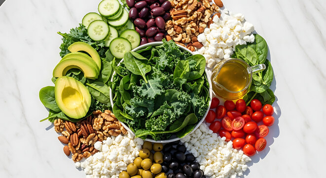 Healthy Salad Ingredients Arranged Artfully on White Marble Background