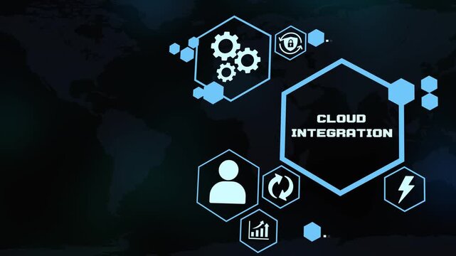 Cloud Integration Network Concept with Secure Data Exchange, System Connectivity and Enterprise Technology Icons.