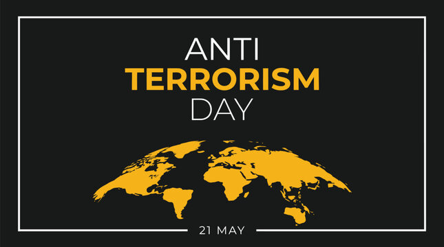 Anti terrorism day graphic featuring a bright yellow world map silhouette centered against a deep dark charcoal backdrop with minimalist white border framing for annual anti terrorism day.