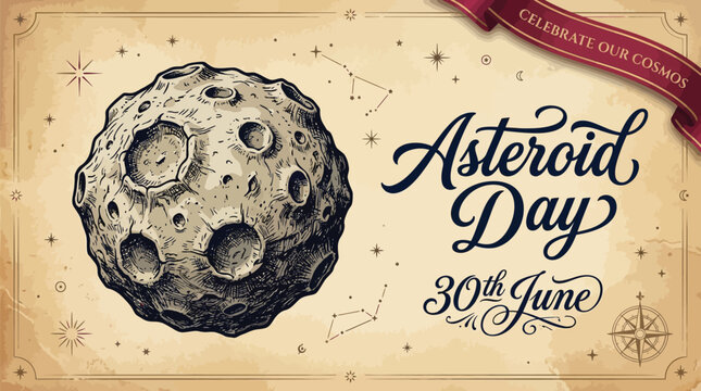 Detailed hand drawn sketch of a cratered rocky asteroid featuring deep shadows and rugged textures captured in a vintage artistic style with elegant dark ink lines on a textured paper surface.