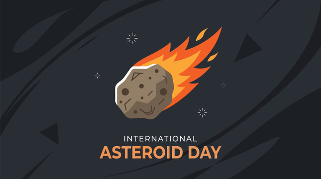 A detailed flat vector illustration showing a large rocky asteroid with a bright burning orange and yellow flame tail moving quickly across a dark space scene for international asteroid day.