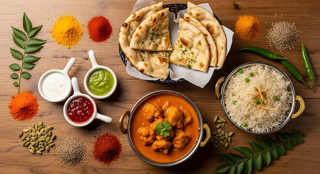 Indian Chicken Curry with Rice, Naan Bread, and Chutneys, surrounded by Spices