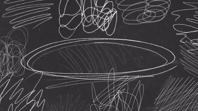 Chalkboard background with animated scribbles and hand drawn messy white lines on black surface sketch frame concept for creative design.