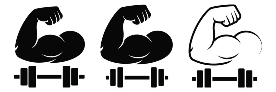 Gym Icon set, flexing biceps icons, dumbbell strength symbols, fitness workout bodybuilding elements, gym training vector design assets.