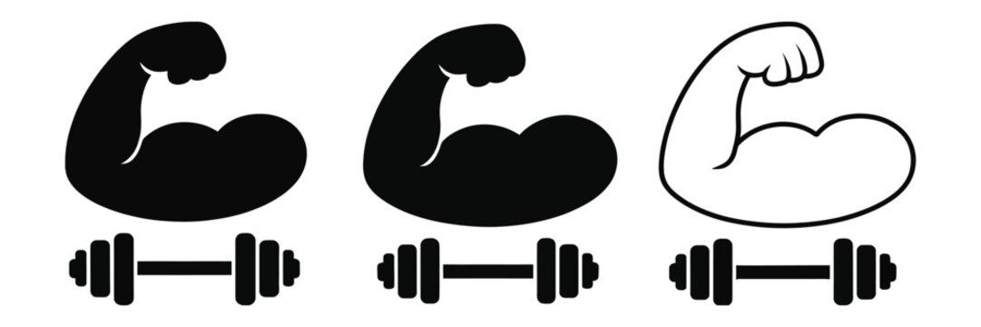 Gym Icon set, flexing biceps icons, dumbbell strength symbols, fitness workout bodybuilding elements, gym training vector design assets.