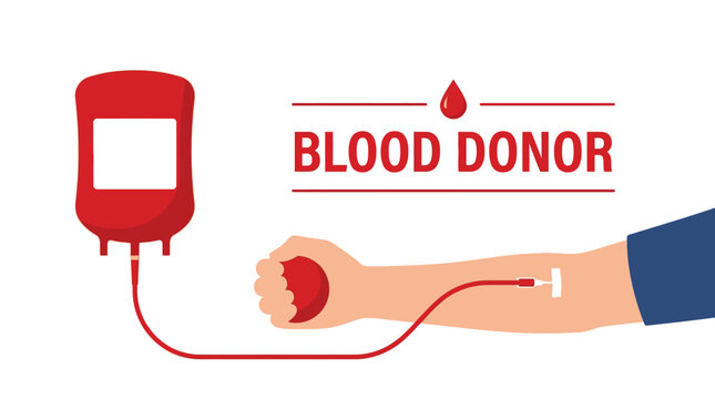 A professional vector illustration featuring a human arm connected to a medical blood donation bag with a vibrant red liquid and bold text to promote life saving medical charity events.