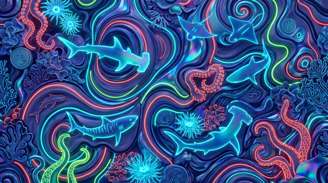 Abstract Psychedelic Ocean Background with Glowing Sea Animals
