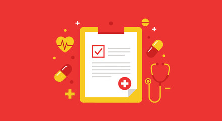 Naklejka premium Medical Document Illustration Detailing Health Symbols On Red Background