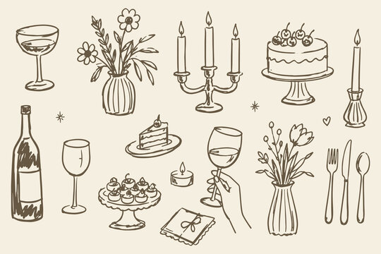 Dinner Party Wine Set Sketch Doodle Vintage Vector