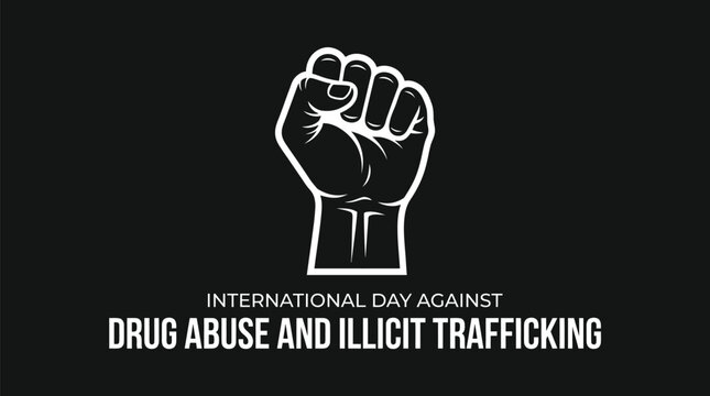 A bold white graphic silhouette of a raised fist symbolizing strength and unity against drug abuse and illicit trafficking displayed in a clean minimalist vector style on a dark background.
