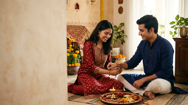 Sister tying rakhi on her brother wrist during raksha bandhan