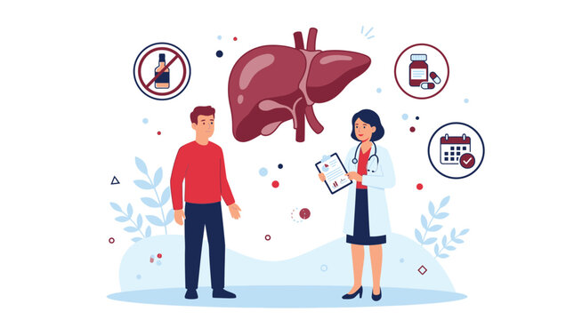 A professional female doctor wearing a white lab coat consults with a male patient about healthy liver function using a clipboard while displaying icons for medication and alcohol abstinence.