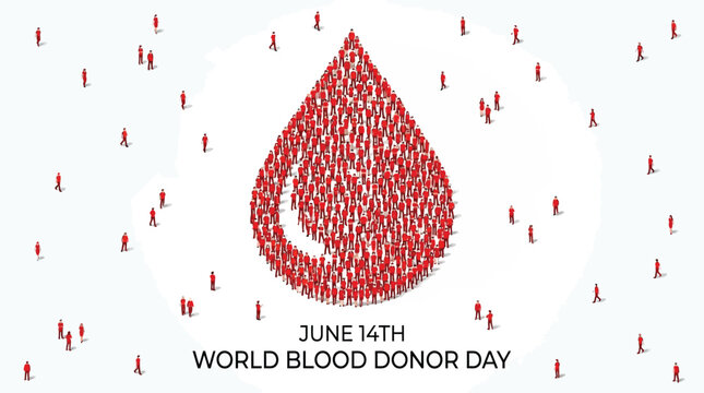 A large crowd of many tiny people standing together in a neat formation to create a vibrant red blood drop shape for the annual celebration of World Blood Donor Day.