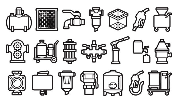 Industrial equipment icons set: pumps filters tanks valves with fuel nozzle