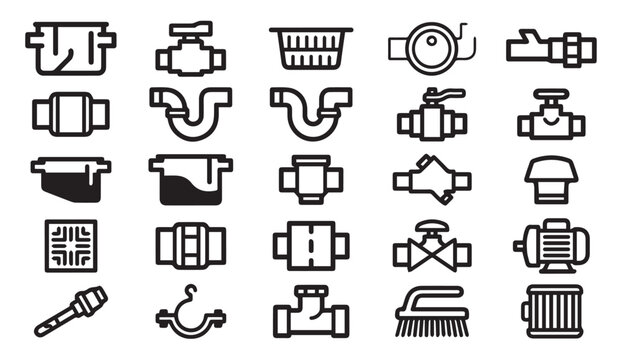 Plumbing and drainage icons set: pipes valves fixtures with plumbing, connector