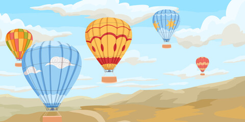 Obraz premium Hot air balloon festival in scenic mountain landscape with colorful aerostats in sky. Cartoon hand drawn vector illustration for tourism advertising, postcard, web and travel design