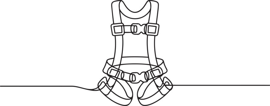 Continuous one line of a safety harness with structured straps, fall arrest system theme. one line Art icon drawing vector