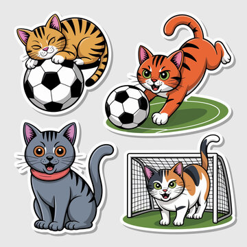 Colorful sticker set of athletic cats playing soccer featuring tabby and calico kittens with footballs and a goal on a grey background