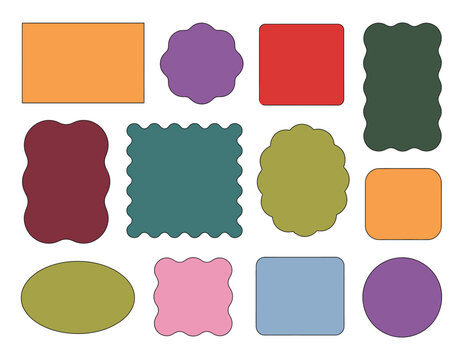 Geometric Shapes set, scalloped edge frames, zigzag border designs, rectangular circular oval square scallop frame elements, decorative outline shapes.