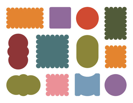 Geometric Shapes set, scalloped edge frames, zigzag border designs, rectangular circular oval square scallop frame elements, decorative outline shapes.