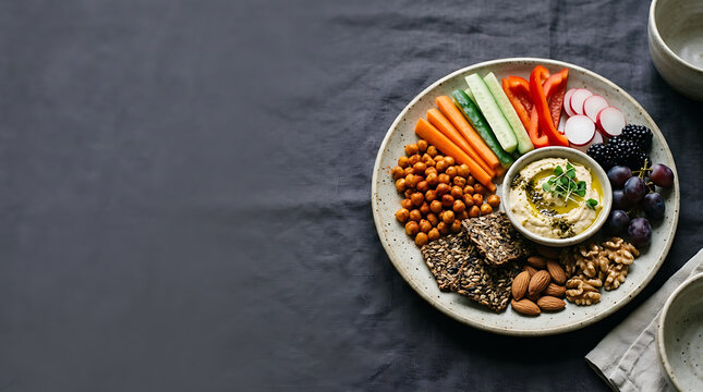 Healthy vegetarian snack platter with hummus and fresh vegetables