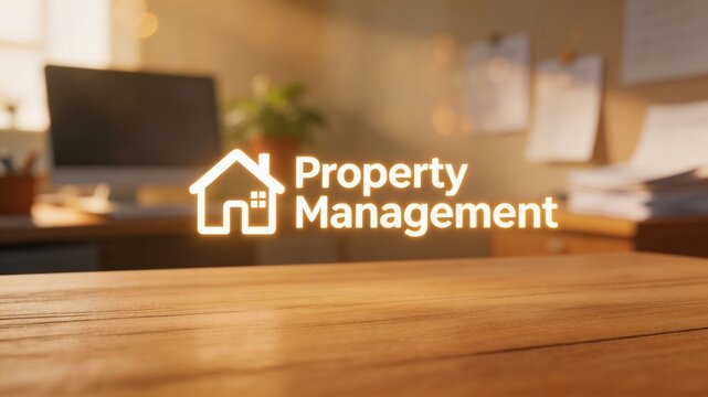 A property management logo on a wooden desk in a modern office with a computer and papers, representing a professional and organized workspace for real estate administration and management.