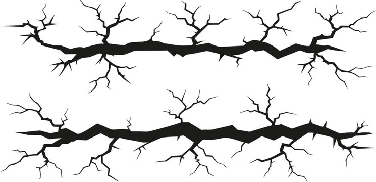 Large cracked ground fissure set isolated on white background. Detailed earthquake fracture elements with branching splits and rugged edges. Vector style damage overlays for construction, disaster 