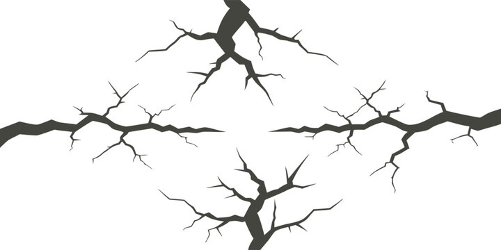 Branching ground crack illustration isolated on white background. Detailed fracture fissure design with jagged earthquake splits and rugged edges. Vector damage element ideal for distress textures 