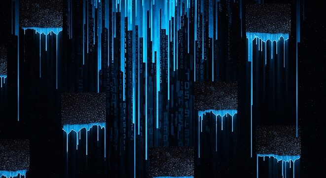 Abstract digital background with blue glowing binary code, data stream, and dripping paint texture effect