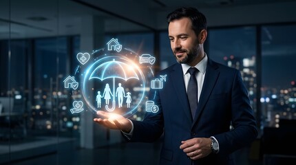 Obraz premium Professional businessman holding a digital hologram showing family protection and various insurance icons in night office