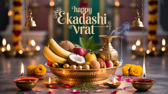 Happy Ekadashi Vrat devotional arrangement with fruits and offerings.