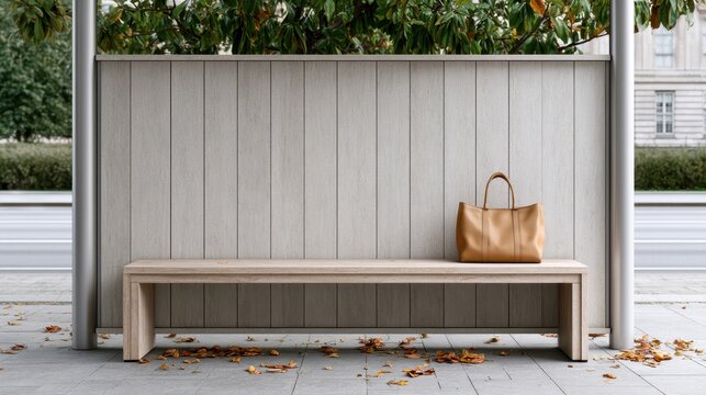 An empty bus stop stands still as scattered leaves swirl around an abandoned bag, suggesting recent absence in a quiet area