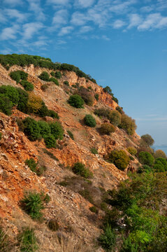 Nature background with wall of rock, blue sky and crowns of forest