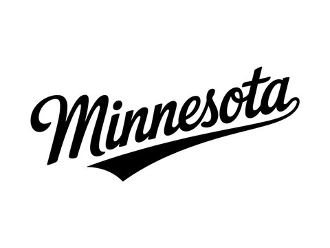 A stylized vector graphic illustration of the word Minnesota in black cursive font with a swoosh design element